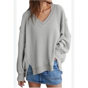 NWT American Eagle Big Hug V-Neck Waffle Knit Sweatshirt Gray Oversized M Cozy